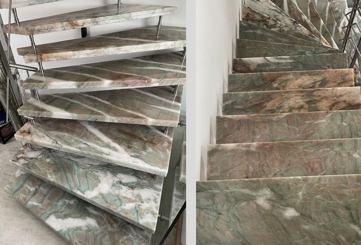 Treppenstufen einer freitragenden Treppe aus Jade Green Naturstein